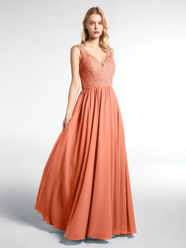 V-neck Lace Top Chiffon Skirt Maxi Dress-Sunset Trendy Button Front Maxi Dress