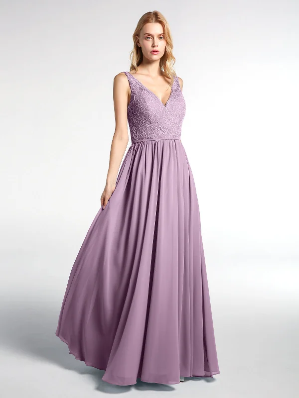 V-neck Lace Top Chiffon Skirt Maxi Dress-Wisteria Trendy Printed Maxi Dress