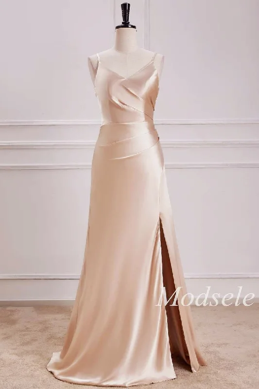 V-Neck Pleated Bodice Maxi Dress in Champagne Comfortable Maxi Dress with Slits