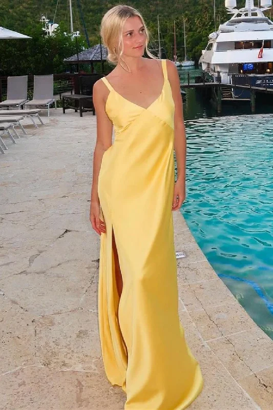 V-Neck Tie-Back Maxi Dress with Slit in Yellow Cozy Maxi Dress with Slit