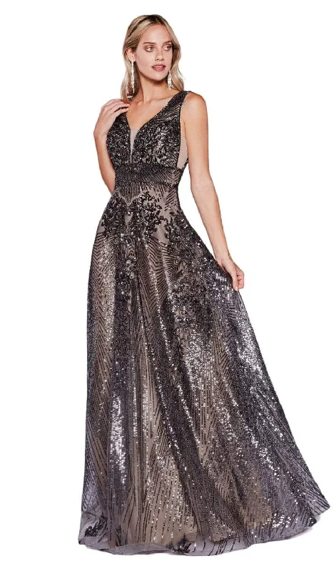 Cinderella Divine - Sequined Deep V-neck A-line Gown CD09 - 1 pc Dark Silver In Size 6 Available