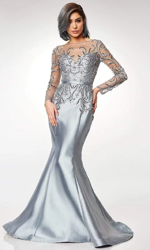 Clarisse - Scroll Motif Illusion Bateau Mermaid Gown M6523 - 1 pc Silver In Size 6 Available