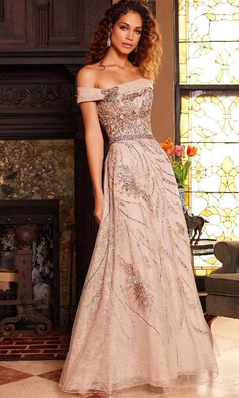 Jovani 24055 - Straight Across Beaded Lace Evening Gown