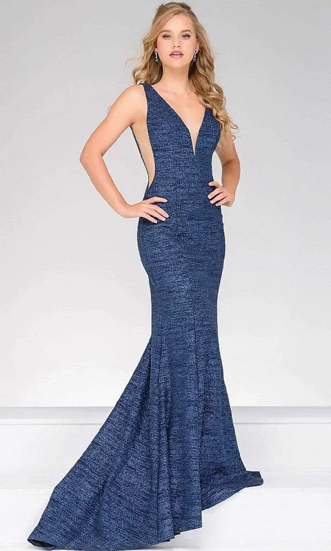 Jovani - Plunging V-Neck Textured Mermaid Gown 45811SC