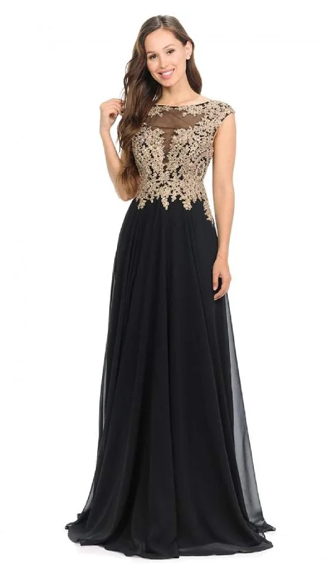 Lenovia - 8123 Cap Sleeve Applique Embroidered Chiffon Long Gown
