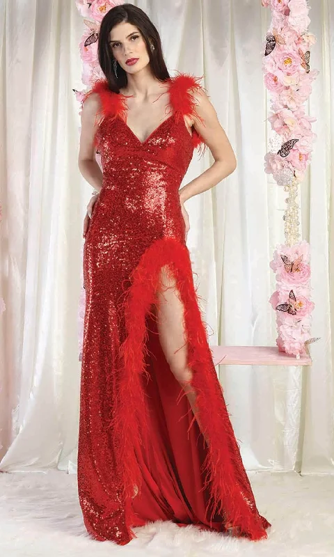 May Queen RQ8007 - Feather Strap Backless Evening Gown