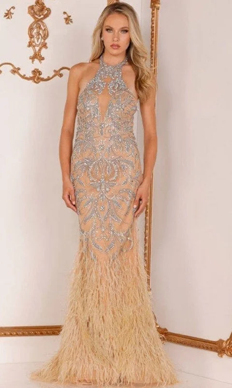 Terani Couture - 2111GL5026 Beaded Halter Feathered Gown
