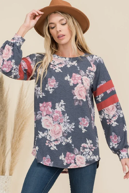 Celeste Full Size Floral Curved Hem T-Shirt with Stripe Detail Welt Pockets Slit Pockets Flap Pockets
