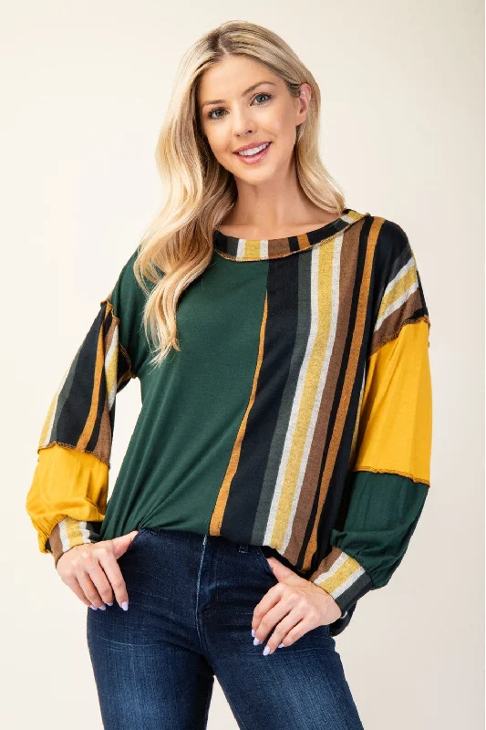 Celeste Full Size Striped Color Block Exposed Seam T-Shirt Asymmetrical Pockets Print Celeste Full Size Striped Color Block Exposed Seam T-Shirt Asymmetrical Pockets Print
