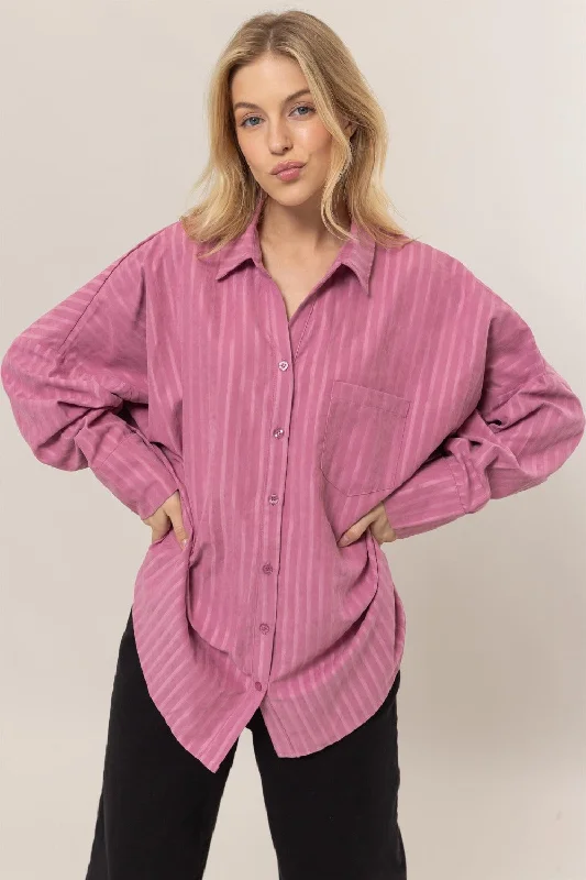HYFVE Stripe Button Down Long Sleeve Oversized Shirt Cozy Warm Stylish
