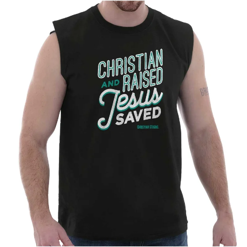 Jesus Saved Me Sleeveless T Shirt Welt Pockets Slit Pockets