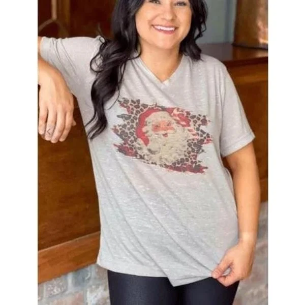 Leopard Santa V-neck tee Silk Blend Satin Velvet