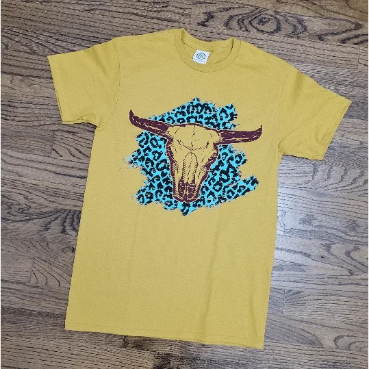 Maroon Longhorn With Turquoise Leopard T-shirt Mesh Fabric Canvas Fabric Denim Fabric Maroon Longhorn With Turquoise Leopard T-shirt Mesh Fabric Canvas Fabric Denim Fabric