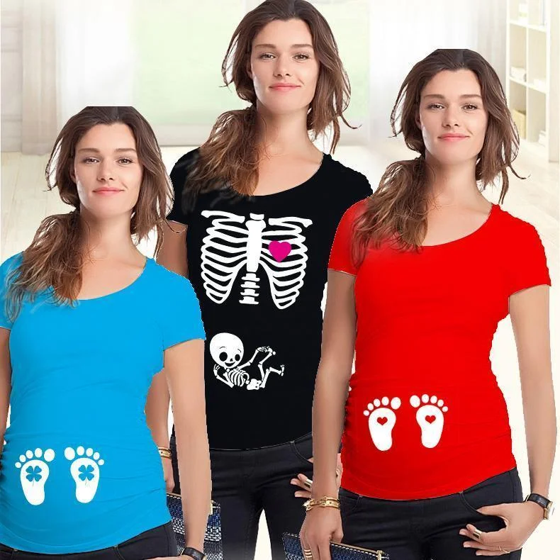 Maternity Cute Printed Short Sleeved Tshirt Top Solid Print Embellished