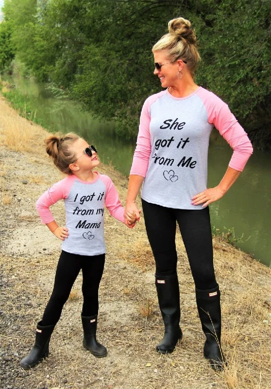 Mother and Daughter Matching Full Sleeves Printed Letters T- shirt Notch Collar Peter Pan Collar Cowl Neck