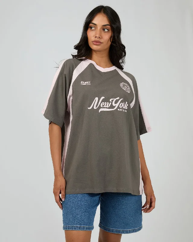 New York Panelled Tee Charcoal Graphic T-Shirt Round Neck Polyester