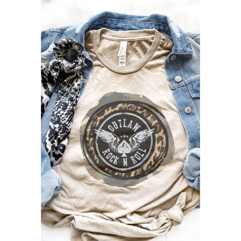 Outlaw Rock Camo and Leopard Circle Tee Graphic Embroidered Appliqued