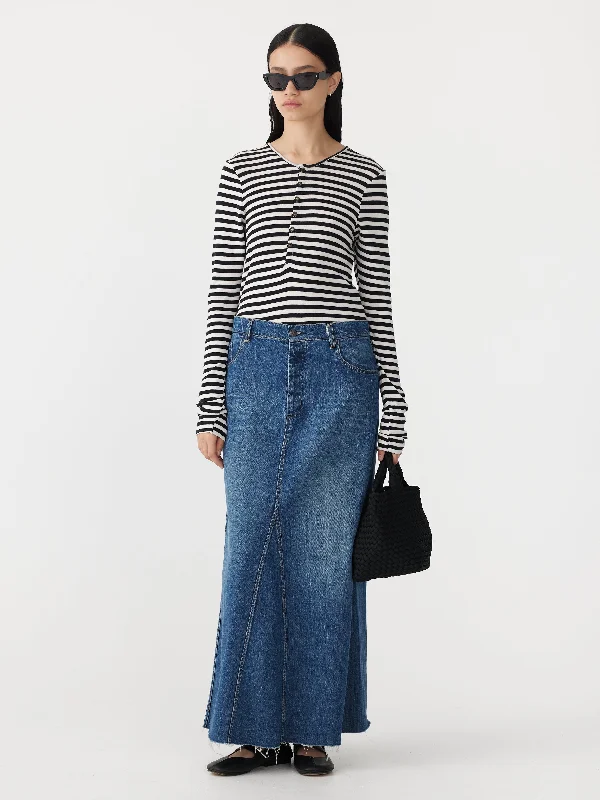 stripe rib placket long sleeve t.shirt Lace Blend Ribbed Blend Corduroy Blend