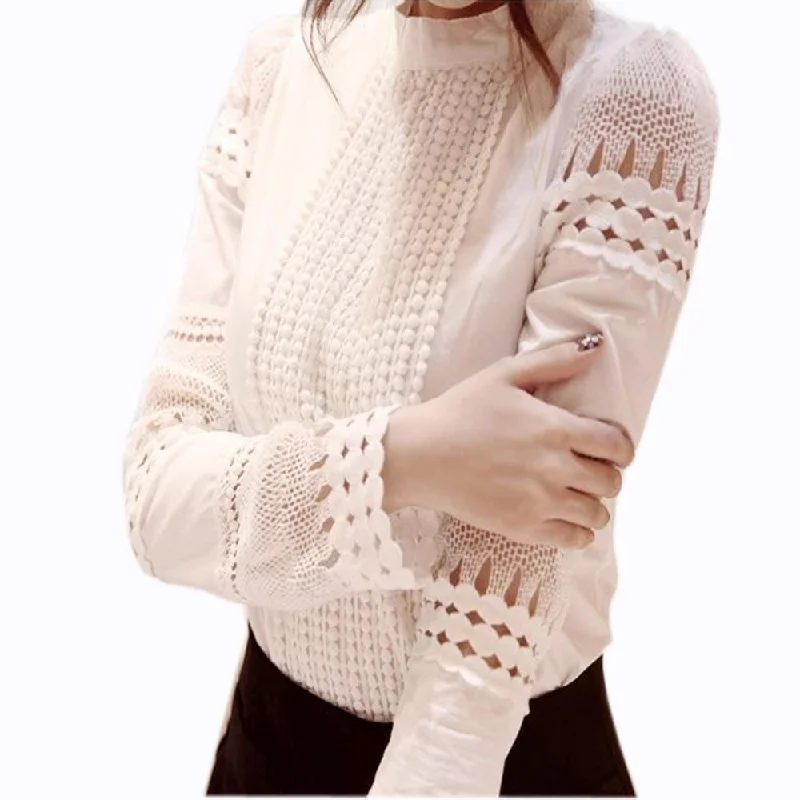 Women Long Sleeved Lace Cut Shirt Top Collared T-Shirt Boat Neck A-Line