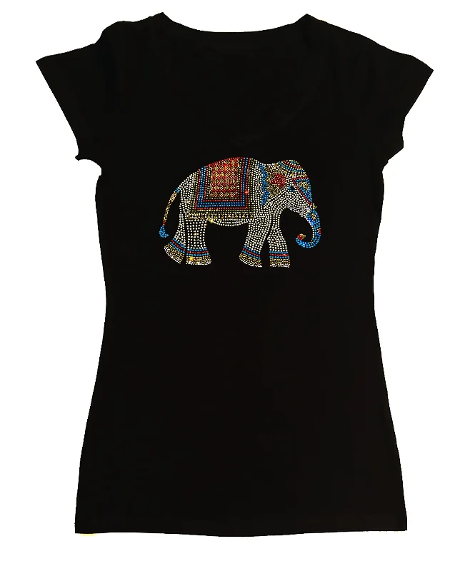 Women's Rhinestone Fitted Tight Snug Shirt Colorful Indian Elephant Cozy Warm Stylish Women's Rhinestone Fitted Tight Snug Shirt Colorful Indian Elephant Cozy Warm Stylish