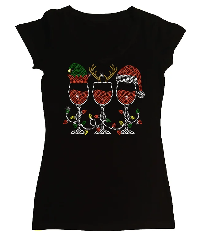 Women's Rhinestone Fitted Tight Snug Shirt Elf Reindeer Santa Hat Wine Cups - Wine Shirt, Christmas Shirt Plaid T-Shirt Polka Dot Checkered Women's Rhinestone Fitted Tight Snug Shirt Elf Reindeer Santa Hat Wine Cups - Wine Shirt, Christmas Shirt Plaid T-Shirt Polka Dot Checkered