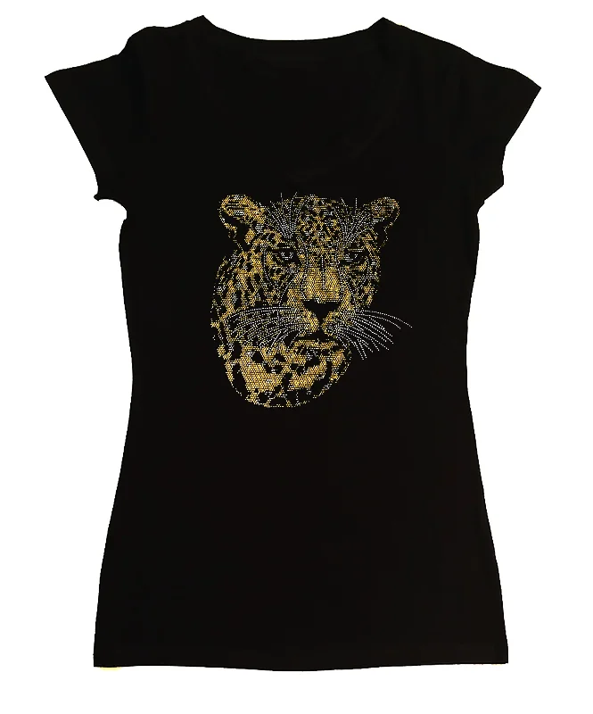Women's Rhinestone Fitted Tight Snug Shirt Gold Leopard Face Striped Floral Plaid