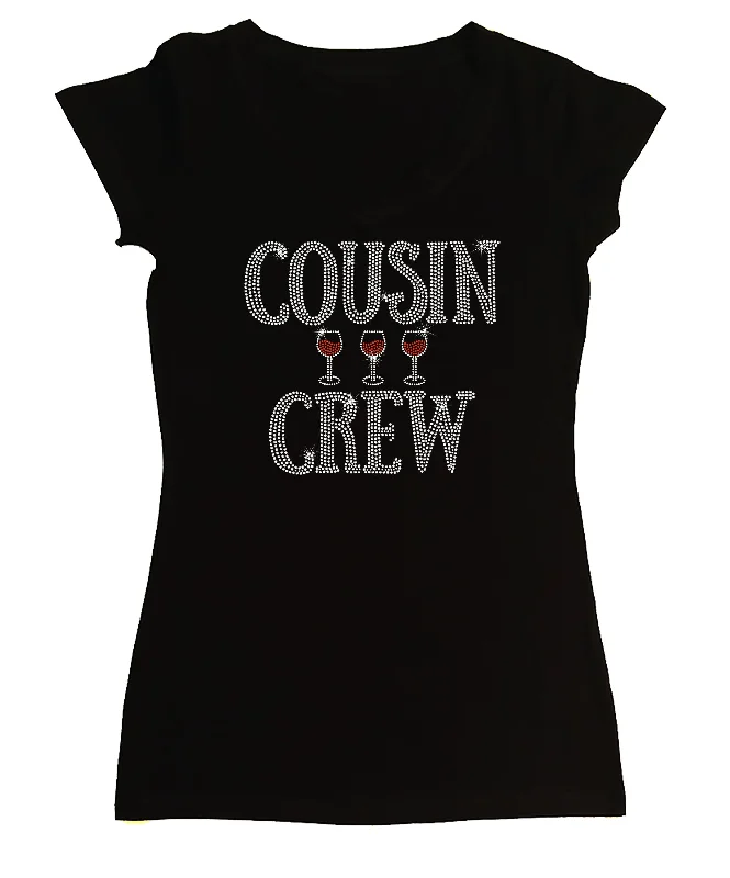 Women's Rhinestone Tight Snug Shirt Cousin Crew w/ Red Wine Glasses Sequined Glittery Shiny Women's Rhinestone Tight Snug Shirt Cousin Crew w/ Red Wine Glasses Sequined Glittery Shiny