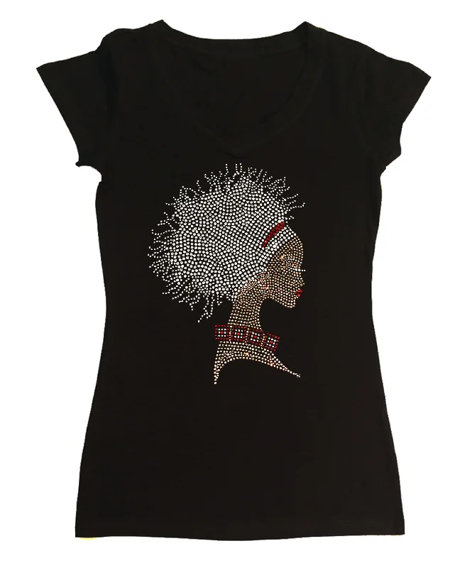 Womens T-shirt with Afro Dreds Locks Girl in Rhinestones Print Jacquard Patchwork