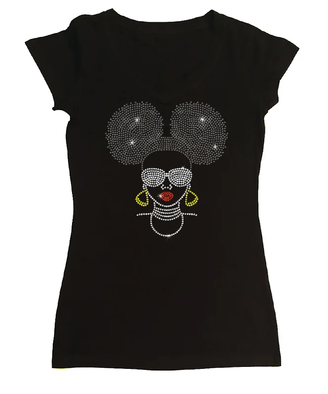 Womens T-shirt with Afro Puff Girl with Glasses in Rhinestones Machine Wash Dry Clean Hand Wash Womens T-shirt with Afro Puff Girl with Glasses in Rhinestones Machine Wash Dry Clean Hand Wash