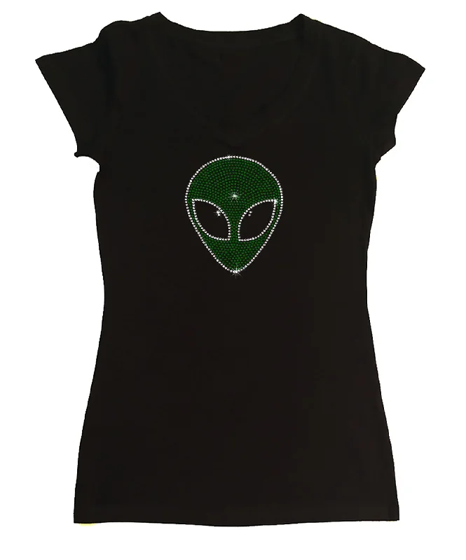 Womens T-shirt with Alien Face in Rhinestones Cotton Fabric Linen Fabric Terry Fabric Womens T-shirt with Alien Face in Rhinestones Cotton Fabric Linen Fabric Terry Fabric