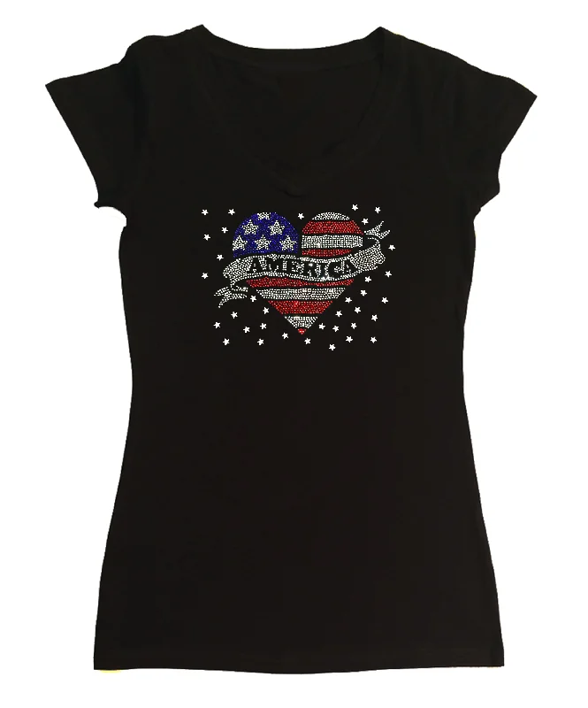 Womens T-shirt with America 4th of July Heart in Rhinestones Elasticated Padded Insulated Womens T-shirt with America 4th of July Heart in Rhinestones Elasticated Padded Insulated