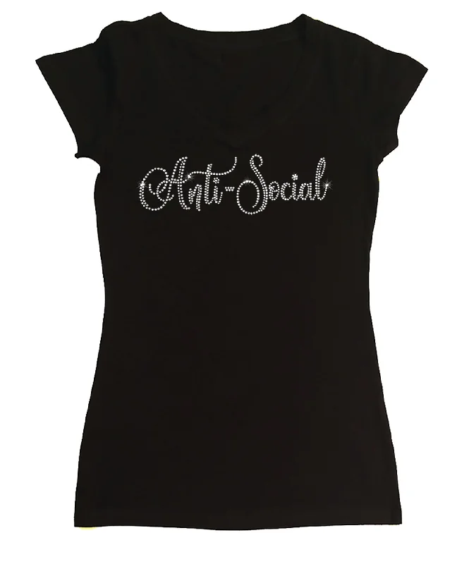 Womens T-shirt with Anti-Social in Rhinestones Graphic Embroidered Appliqued