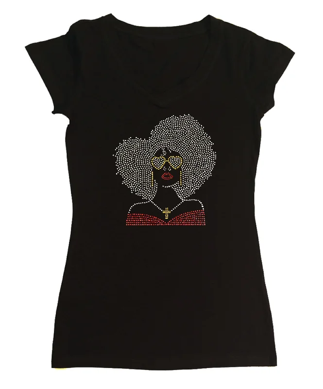 Womens T-shirt with Big Hair Girl with Glasses in Rhinestones Print Jacquard Patchwork Womens T-shirt with Big Hair Girl with Glasses in Rhinestones Print Jacquard Patchwork