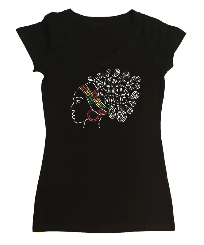 Womens T-shirt with Black Girl Magic in African Colors in Rhinestones Cotton Fabric Linen Fabric Terry Fabric