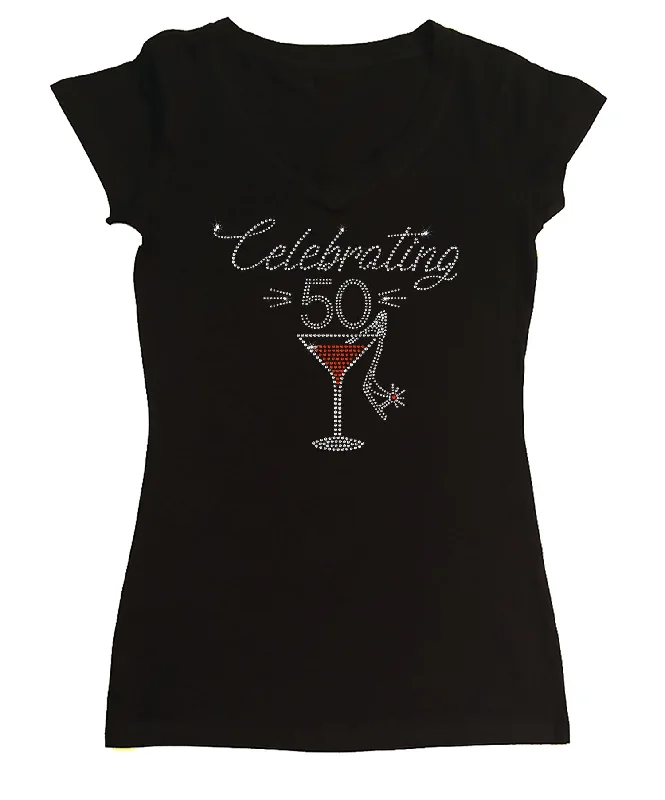 Womens T-shirt with Celebrating 50 with Martini and Slipper in Rhinestones Nylon Fabric Polyester Fabric Spandex Fabric Womens T-shirt with Celebrating 50 with Martini and Slipper in Rhinestones Nylon Fabric Polyester Fabric Spandex Fabric