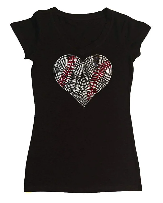 Womens T-shirt with Crystal Baseball Heart in Rhinestones Thin T-Shirt Open Front Quick Dry