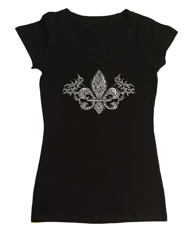 Womens T-shirt with Crystal Fluer de Lis in Rhinestones Collared Crew Neck Turtle Neck Womens T-shirt with Crystal Fluer de Lis in Rhinestones Collared Crew Neck Turtle Neck