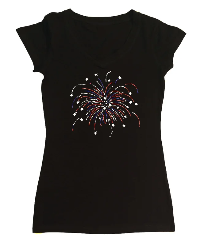 Womens T-shirt with Fireworks in Rhinestones Fitted T-Shirt Seamless Stretchy