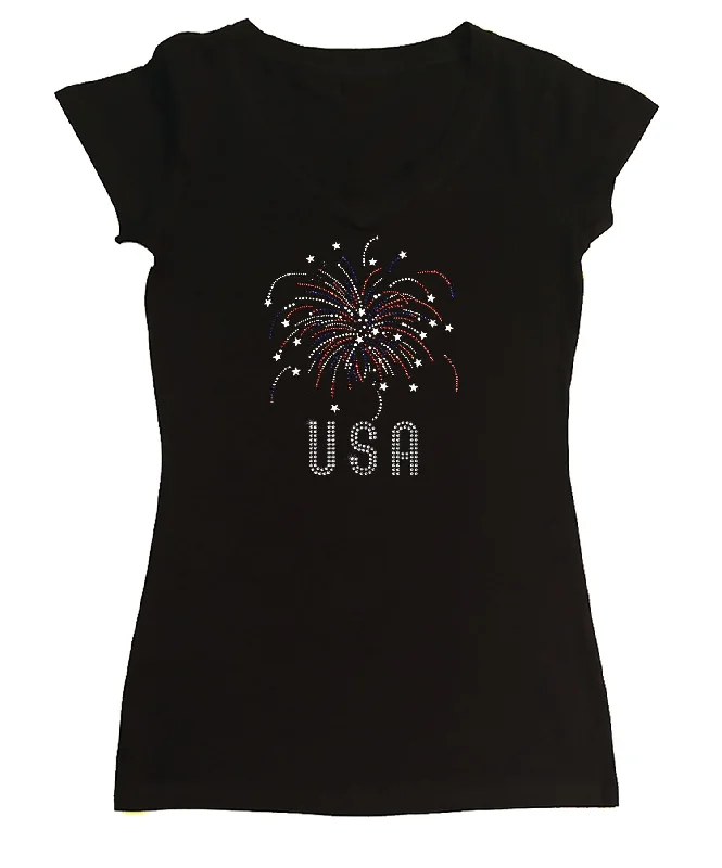 Womens T-shirt with Fireworks USA in Rhinestones Terry Blend Velvet Blend Canvas Blend Womens T-shirt with Fireworks USA in Rhinestones Terry Blend Velvet Blend Canvas Blend
