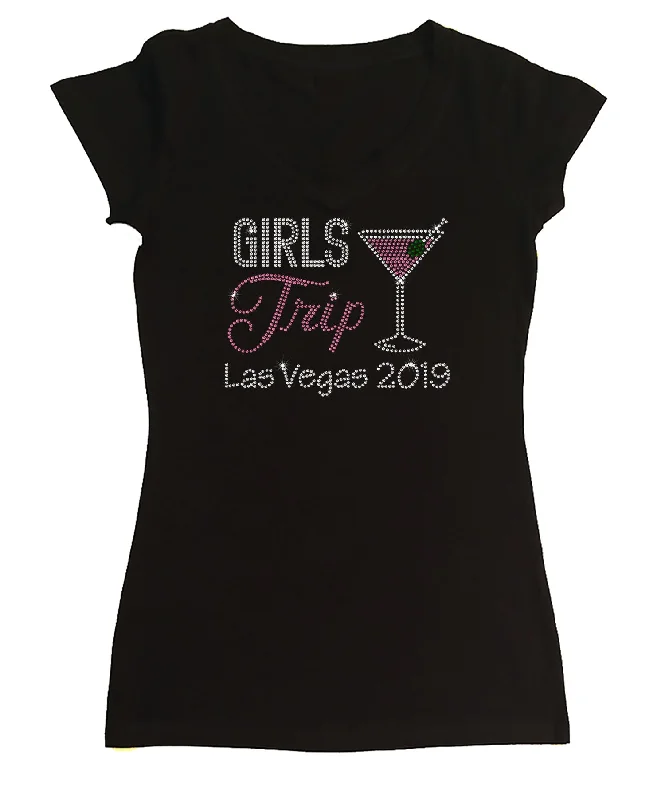 Womens T-shirt with Girls Trip Martini in Rhinestones Ribbed T-Shirt High Neck Heavyweight