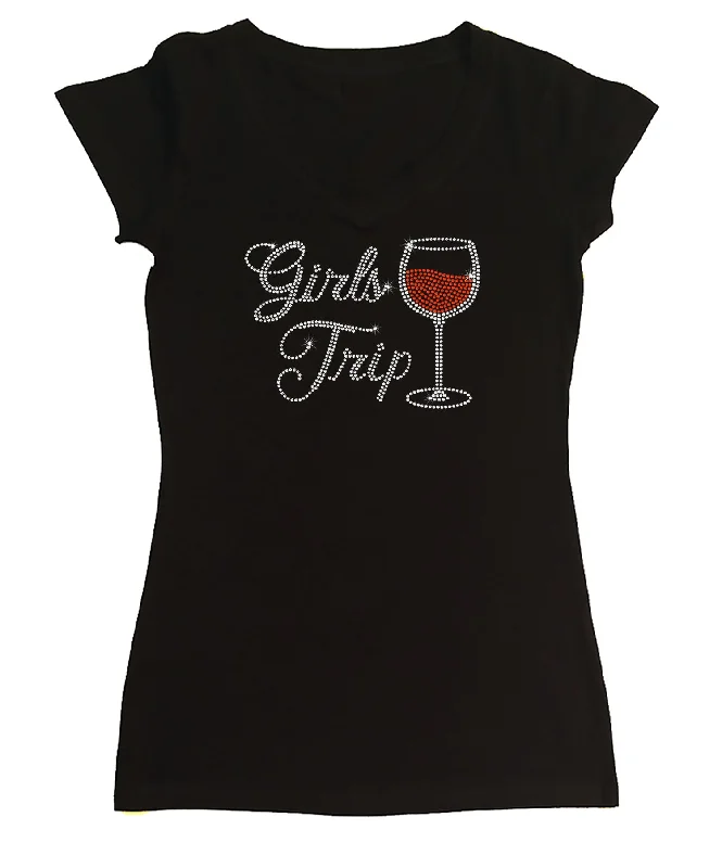 Womens T-shirt with Girls Trip Wine Glass in Rhinestones Mesh Blend Leather Blend Suede Blend Womens T-shirt with Girls Trip Wine Glass in Rhinestones Mesh Blend Leather Blend Suede Blend