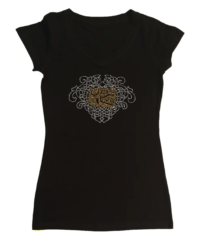 Womens T-shirt with Mayan Aztec Lion Head in Rhinestones Rayon Fabric Velvet Fabric Corduroy Fabric
