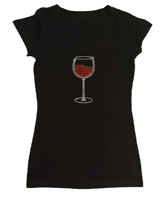 Womens T-shirt with Red Wine Glass in Rhinestones Mesh Fabric Canvas Fabric Denim Fabric Womens T-shirt with Red Wine Glass in Rhinestones Mesh Fabric Canvas Fabric Denim Fabric