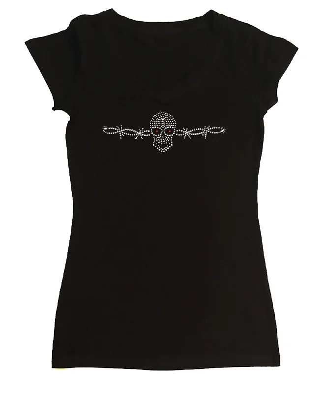 Womens T-shirt with Skull with Barbwire  in Rhinestones Real Fur Shearling Chenille