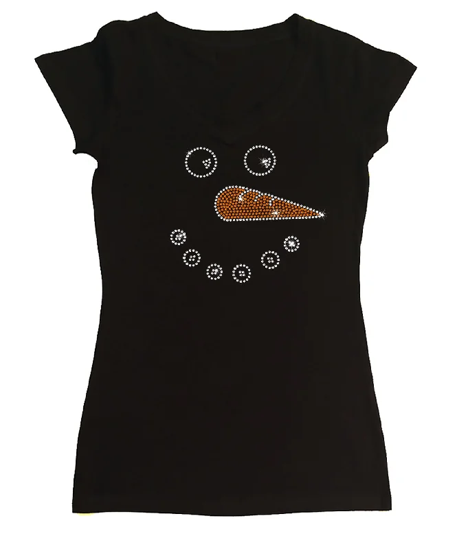 Womens T-shirt with Snowman Face in Rhinestones Notch Collar Peter Pan Collar Cowl Neck Womens T-shirt with Snowman Face in Rhinestones Notch Collar Peter Pan Collar Cowl Neck