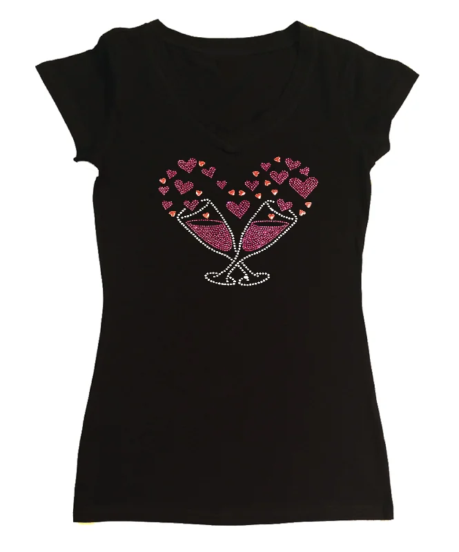 Womens T-shirt with Wine Glasses Heart in Rhinestones Mesh Fabric Canvas Fabric Denim Fabric Womens T-shirt with Wine Glasses Heart in Rhinestones Mesh Fabric Canvas Fabric Denim Fabric