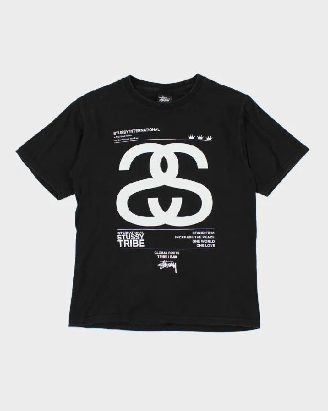 Y2k 00s Stussy Black Logo T-shirt - S Chenille Brocade Lace