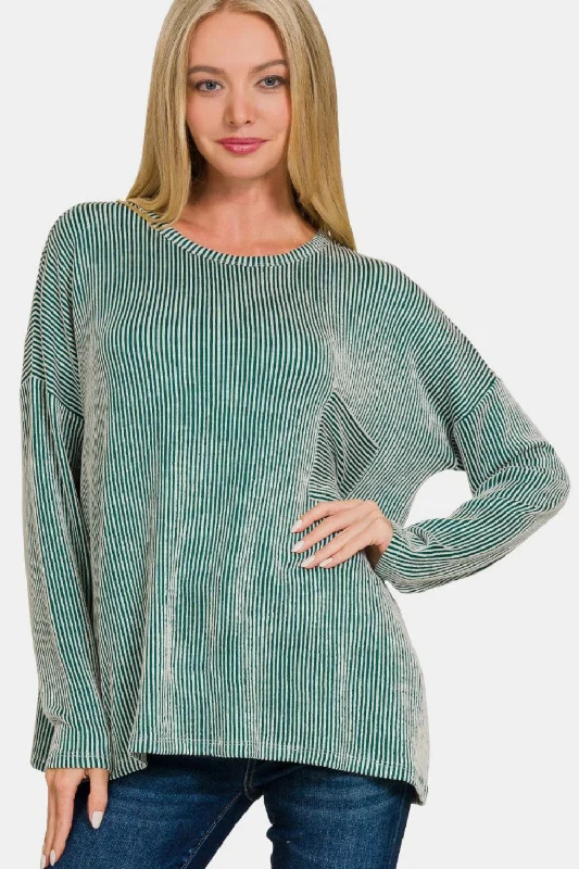 Zenana Ribbed Striped Long Sleeve T-Shirt Solid Color Striped Floral