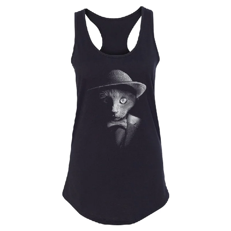 Zexpa Apparelâ„¢ Stylish Gentelman Cat Women's Racerback Cool Mafia Cat with Hat Shirt Embroidered Appliqued Beaded Zexpa Apparelâ„¢ Stylish Gentelman Cat Women's Racerback Cool Mafia Cat with Hat Shirt Embroidered Appliqued Beaded