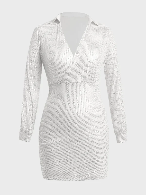 Deep V-Neck Long Sleeve Sequined Mini Dress (White) Comfortable One-Shoulder Mini Dress